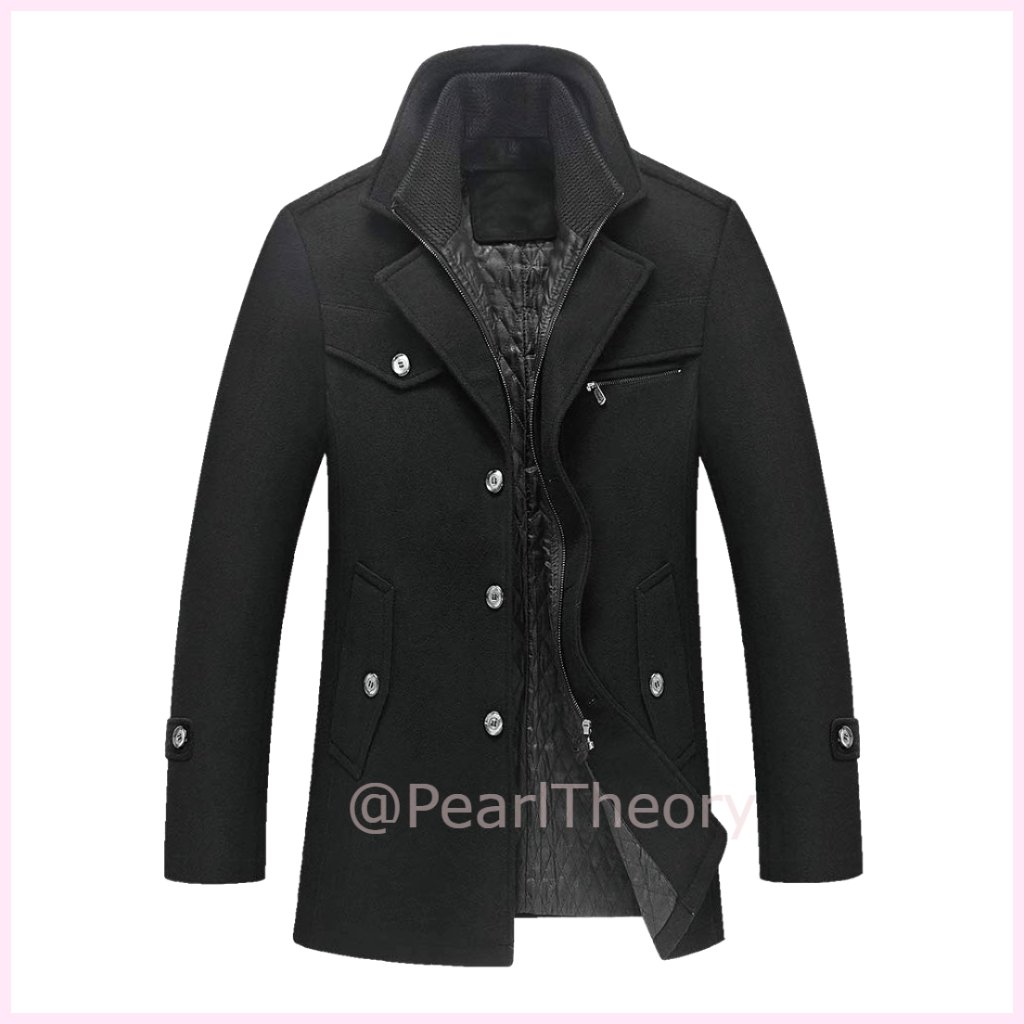 Wool Blend Pea Coat With Removable Collar Slim Fit Trench
